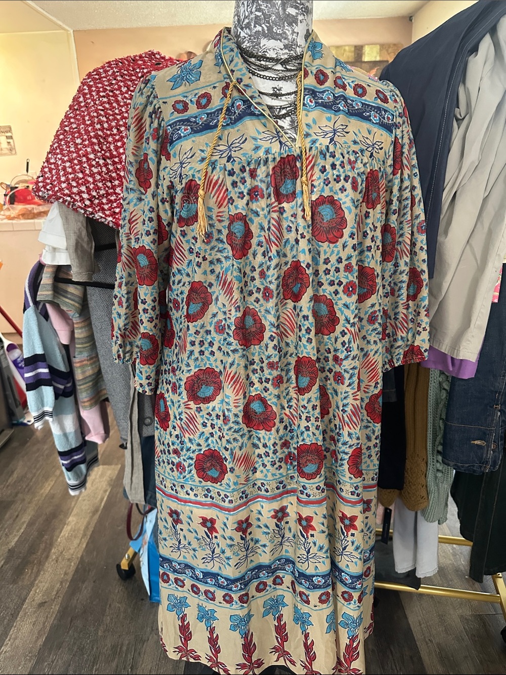 Boho Floral Folk Print Tunic Dress Long Sleeve Tassel Tie Neck